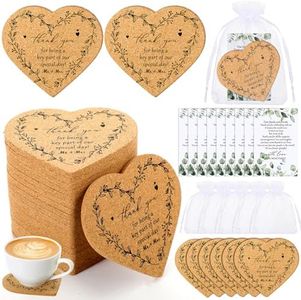 Uiifan 100 Sets Wedding Favors for Guests 50 Heart Cork Coasters Absorbent Cork Coaster Heart Gifts 50 Wedding Thank You Cards and Organza Bags Wedding Gifts Bridal Shower Favors for Souvenirs