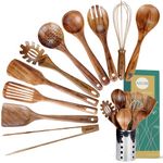 Kitchen Utenails Set with Holder,Kitchen Wooden Utensils for Cooking, Wood Utensil Natural Teak Wood Spoons for Cooking,Wooden Kitchen Utensil Set with Spatula and Ladle (11)