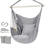 Hammock Chair Hanging Rope Swing, Topind Hanging Chair with Sturdy Steel Spreader Bar with Anti-Slip Rings - Max 500 Lbs - 2 Cushions Included for Indoor or Outdoor Spaces (Grey)