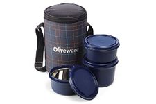 SOPL-OLIVEWARE Amber Lunch Box, Microwave Safe & Leak Proof, 3 Inside Steel Containers with BPA Free Lids (2 * 450ml & 600ml), Fabric Bag - Blue