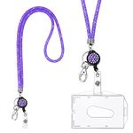 Vicloon Card Holder with Lanyard, Crystal Lanyard with Transparent ID Card Holder, Lanyard and Badge Holder Set, Keyring Badge Holders and Neck Strap for Keys ID Badge (Purple)