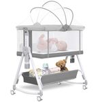 Youluzhen Baby Bassinet,3 in 1 Baby Bassinets Bedside Sleeper Bedside Bassinet for Baby with Wheels and Storage Basket, Portable 4-Sided Mesh Bedside Crib for Newborn,7 Height Adjustable (Grey)