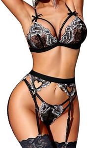 RSLOVE Women Lingerie Set with Garter Belt Lace Lace Teddy Babydoll Strappy Exotic Bra and Panty Set (No Stockings) Black and Silver XL