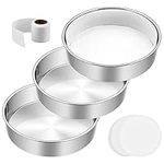 8 Inch Cake Pan Set of 3, E-Far Stainless Steel Round Layer Cake Baking Pans with Parchment Rounds & Side Liner Roll, Non-Toxic & Healthy Metal Cake Tin, Straight Side & Dishwasher Safe