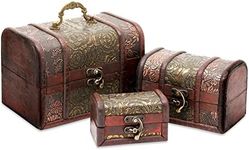 3-Set Wood Treasure Chest Decorative Boxes with Flower Motifs - Vintage Style Small Treasure Box Set for Jewelry, Coin Collection, Bathroom and Home Décor (3 Sizes)