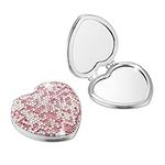 AsAlways Rhinestone Compact Pocket Mirror Portable Travel Cute Cosmetic Mirror Folding Handheld Double-Sided 1x/2x Magnifying Purse Mirror(Pink)