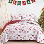 Christmas Quilt Set King Size, Reindeer Snowflakes Bedspread Reversible Red Christmas Bedding Set Elks Christmas Trees Quilted Coverlet Set with 2 Pillowcases King(90"x 104")