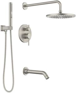 Lava Odoro Modern 3-Setting Round Rain Bathtub and Shower Faucet Set, Brushed Nickel Rainfall Shower Head and Handle Set, Rain Shower System with Tub Spout, Shower Valve Trim Kit, SF104-BN-T