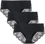 LIQQY Women's 4 Pack Cotton Lace Coverage Seamless Brief Panty Underwear Mid-Waisted Underpants (Medium, Black/3Pk)