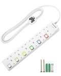 DEWENWILS 6 Way Surge Protected Extension Lead, Individual Switches and Indicator Lights, Extension Cable 3M, 13 Amp 6 Gang Power Strip, 3250W, Multicolor Switch, White