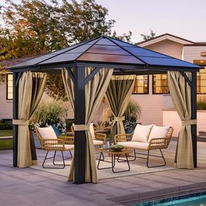 YITAHOME 10x10 Polycarbonate Gazebo Hardtop Outdoor Canopy with Netting and Shaded Curtains, Aluminum Frame Garden Tent for Patio, Backyard, Deck and Lawns, Brown