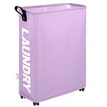 SweetMemo Slim Laundry Basket on Wheels - Compact Rolling Hamper with Leather Handle - Narrow & Collapsible - Perfect for Small Spaces, Yoga Mat Storage, RV - Purple