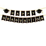 Losuya Happy Graduation Bunting Banner Black Golden Grad Hat Paper Garland for Graduation Party Decorations