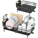 TOOLF Expandable, Adjustable Dish Rack, Foldable Dish Drying Rack with Removable Cutlery Holder Swivel Drainage Spout, Anti-Rust Plate Rack for Kitchen, 1 Piece, Black