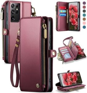 Defencase Compatible with Samsung Galaxy S21 Ultra Case Wallet with RFID Blocking Card Holder for Women, PU Leather Magnetic Snap Flip Zipper Strap Wallet Case Fit for Galaxy S21 Ultra 5G, Wine Red