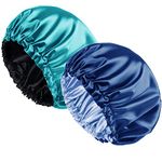 abzdfty Silk Satin Bonnet, Adjustable Double-Layer Reversible Silk Hair Wrap Bonnet for Sleeping and Shower, Soft and Comfortable Shower Cap, Pack of 2 (Green-Blue)