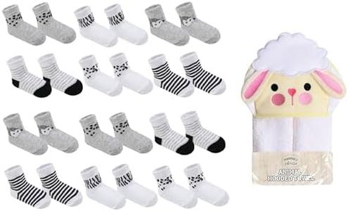 Mother's Choice Pamper Your Bundle of Joy Bundle Hooded Baby Towel - Ultra-Soft 100% Cotton (33x33in) + 12 Pairs Unisex Organic Cotton Infant Socks (0-6 Months) for Cozy, Stylish Comfort!