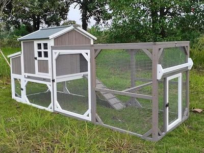 PetsCosset 95.3" L Portable Chicken Coop Tractor Hen House with Nesting Box,Chicken Coops Chicken House,2 Story Wooden Indoor Outdoor Poultry Cage for 3-5 Chicken with 6 Access,Pull-Out Tray,Grey