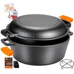 TLGREEN Cast Iron Dutch Oven Pot with Lid, 5.1QT Pot & 1.9QT Lid/Skillet - Black, Round, Oven, Stove, Grill, Campfire Safe