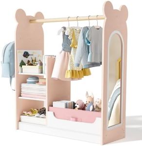 BlueWood Dress Up Storage Kids Wardrobe with Mirror, Toddler Princess Costume Closet with Hanging Rod, 3 Shelves & Storage Bins, Armoire Rack for Little Girls Ages 3-7, Pink Bear