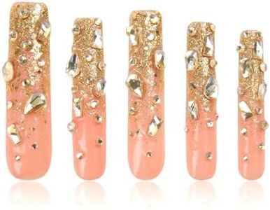 LOVFUL Gold Bling Press On Nails, Stunning Drill Glue On Nails, Luxury Fake Nails, Princess Nails | Handmade Nails l Fake Stick on nails| Square Long 2.2 in | H84 (M)
