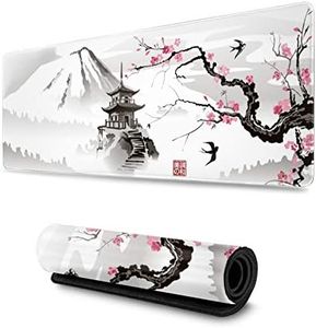 Japanese Cherry Blossom White Gaming Mouse Pad XL, Extended Large Mouse Mat Desk Pad, Stitched Edges Mousepad, Long Nonslip Rubber Base Mice Pad, 31.5 X 11.8 Inch