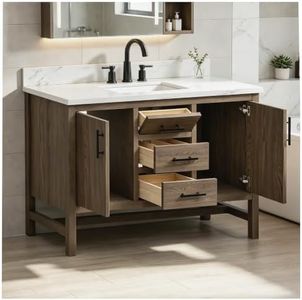 TILE & TOP Solon 48" Single Bathroom Vanity, 49" W x 22" D x 34.5" H, Calacatta Sintered Stone Top with Sink & Backsplash, Dark Brown, Solid Wood, Pre-Assembled, 2 Doors, 3 Drawers, Adjustable Feet.