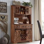 OKD 72" Farmhosue Bar Cabinet with Sliding Barn Door, Large Kitchen Buffet with Hutch w/Wine & Glasses Rack, 3 Drawers, 12 Storage Shelves, Rustic Coffee Bar Sideboard Table, Reclaimed Barnwood Color