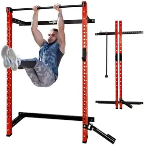 Yes4All 2" x 2" Tube with 1" Hole Space Saving Folding Wall Mounted Squat Rack for Home Gym, 1000lbs Capacity Steel Power Cage with Adjustable Pull-Up Bar, 360 Degree Landmine & Strong Steel J-Hooks