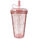 CUJIM Reusable Donut Straw Cup with Lid - 18oz Double Walled Plastic Tumbler Travel Iced Coffee Mug Clear Smoothie Milkshake Bottle Cold & Hot Drink Water Cup Bubble Tea Go Cup for Kids Adults