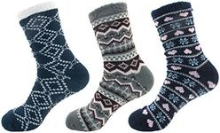 Double Layer Extra Thick Plush Super Soft Warm Fuzzy Comfy Cozy Home Socks, 3 Pairs Assortment H