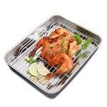 Roasting Pan with Rack, Stainless Steel Roaster with Rack, Easy Clean Rectangular Roasting Pan and Rack Set, Non Stick Rectangular Deep Dish Oven-BBQ Bakeware for Baking Cooking (23.5*17.5*5CM)