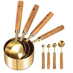 GuDoQi Measuring Cups and Spoons Set of 8, Wooden Handle with Metric and US Measurements, Premium Stainless Steel, Golden Polished Finish, Dry & Liquid Measuring Cup, for Cooking and Baking