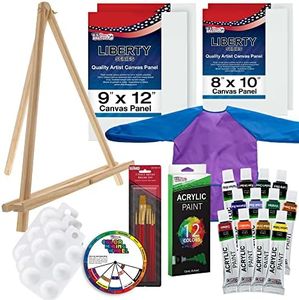 U.S. Art Supply 29-Piece Children's Acrylic Paint Artist Set with 12 Paint Colors, 7 Brushes, 12" Easel, 4 Canvas Panels, 3 Painting Palettes, Color Mixing Wheel, Kids Smock - Fun School Arts & Crafts