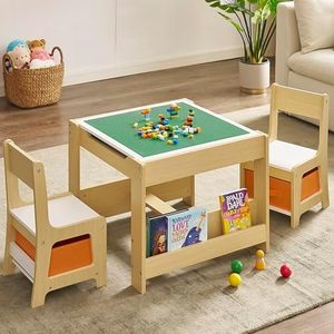 GTOLV Kids Table and Chair Set, 4 in 1 Wooden Activity Table with Bookshelves and Storage Drawer, 2 in 1 Detachable Tabletop Construction Play Table Set for Toddlers Drawing, Reading
