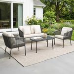 DEVOKO Outdoor 4 Seater Rope Sofa Set with Comfortable All Weather Resistant Cushions and Glass Top Center Table for Garden, Patio, Poolside Area (Grey &Off-White)