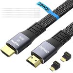 Flat HDMI Cable (2 Pack, 4FT+ 4FT), 4K HDMI High Speed Braided Cord, Pure Copper, Supports 4K@60Hz 2160p 1080p HDR HDCP 2.2 ARC Full 3D (with 25 Ties and 2 HDMI Adapters)- 4 Feet-2 Pack