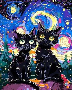 FILASLFT Paint by Numbers for Adults Beginner Two Black Cats,Starry Night Acrylic Digital Oil Painting Canvas Kits with Paintbrushes,Easy Number Painting for Adults for Home Wall Art Decor(16x20inch)