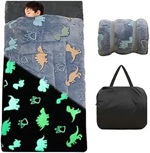 Kids Sleeping Bag for Boys Girls Glow in The Dark Blue Dinosaurs Toddler Slumber Bag Shining Luminous Soft Sleepover Bag Nap Mat Preschool Daycare Kindergarten Slumber Sack with Pillow Pocket