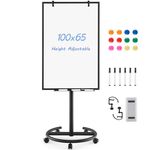 CASART Flip Chart White Board, Height Adjustable Dry Erase Board with Stand, Eraser, Magnets & Paper Clips, 100 x 65 CM Mobile Magnetic Whiteboard for Home Office Classroom (Black)