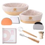 10-Pieces Bread Proofing Basket Set, 10-Inch Round 7 Inch Banneton Proving Basket with Cloth Liners–Rattan Sourdough Kit, SS Scraper, Silicone mat, Bread lame,Dough Whisk, Brush & Accessories