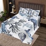 Sea Turtle Bedspread King Kids Hawaiian Ocean Marine Reptile Bedding Set For Women Men Bedroom Turtle Tortoise Decor Coverlet Set Beach Sea Underwater Creature Quilt Set For All Season, White Blue