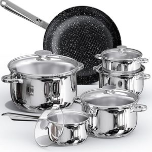 DOLAMOTY Stainless Steel Cookware Set - 12 Piece Pots and Pans Kitchen Sets Including Frying Pans, Saucepans, Stockpots with Glass Lids, Stay-Cool Handles, Dishwasher - Compatible with All Cooktops