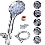 VEHHE Shower Head with Hose, 5 Modes Handheld Shower Head Adjustable, Bathroom Shower with 1.5M Flexible Pipe and Bracket Brass Ball Joint, Detachable High Pressure Showerhead Saving Water∣Silver