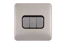 Schneider Electric Lisse Screwless Deco - 3 Gang 2 Way Light Switch, 10AX, GGBL1032BSS, Stainless Steel with Black Insert