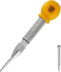 MulWark 5" Spring-Loaded Automatic Steel Center Hole Punch Marker Scriber For Wood, Metal, Plastic, Car Window Puncher Breaker Tool-With Palm Cushion Cap, Adjustable Impact-A Replacement Tip Included