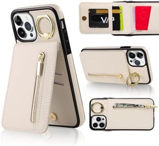 VENINGO iPhone 14 Pro Case with Card Holder, iPhone 14 Pro Wallet Case, Multifunctional Protective Leather PU Case with 360°Ring Stand Kickstand, Large Capacity Card Slot Shockproof Phone Cover, White