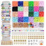 SANNIDHI® Clay Beads for Jewellery Making 4800pcs 24 Colors Clay Beads for Bracelet Making, Polymer Flat Beads Set Letter Spacer Beads with Charms Elastic Strings DIY Craft Gift for Girls