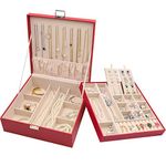 ProCase Jewellery Box Organiser, Large Jewellery Boxes with 2 Tiers, Gift Jewellery Storage Cases with Removable Divider for Earrings, Bracelets, Rings, Necklaces -Red