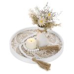 Hanobe Round Wood Decorative Tray: Rustic Coffee Table Tray with Wood Beaded Garland Farmhouse Tray Decor White Washed Boho Centerpiece Wooden Serving Trays for Kitchen Counter